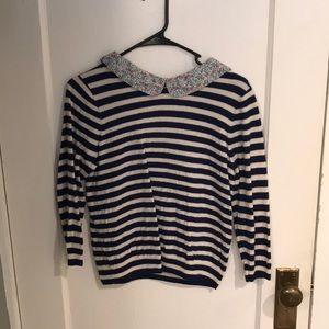 Blue & white striped sweater with floral collar